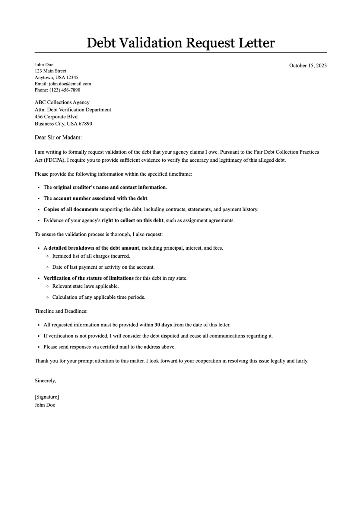 Debt verification letter template with placeholder fields and bullet point instructions_variant_2